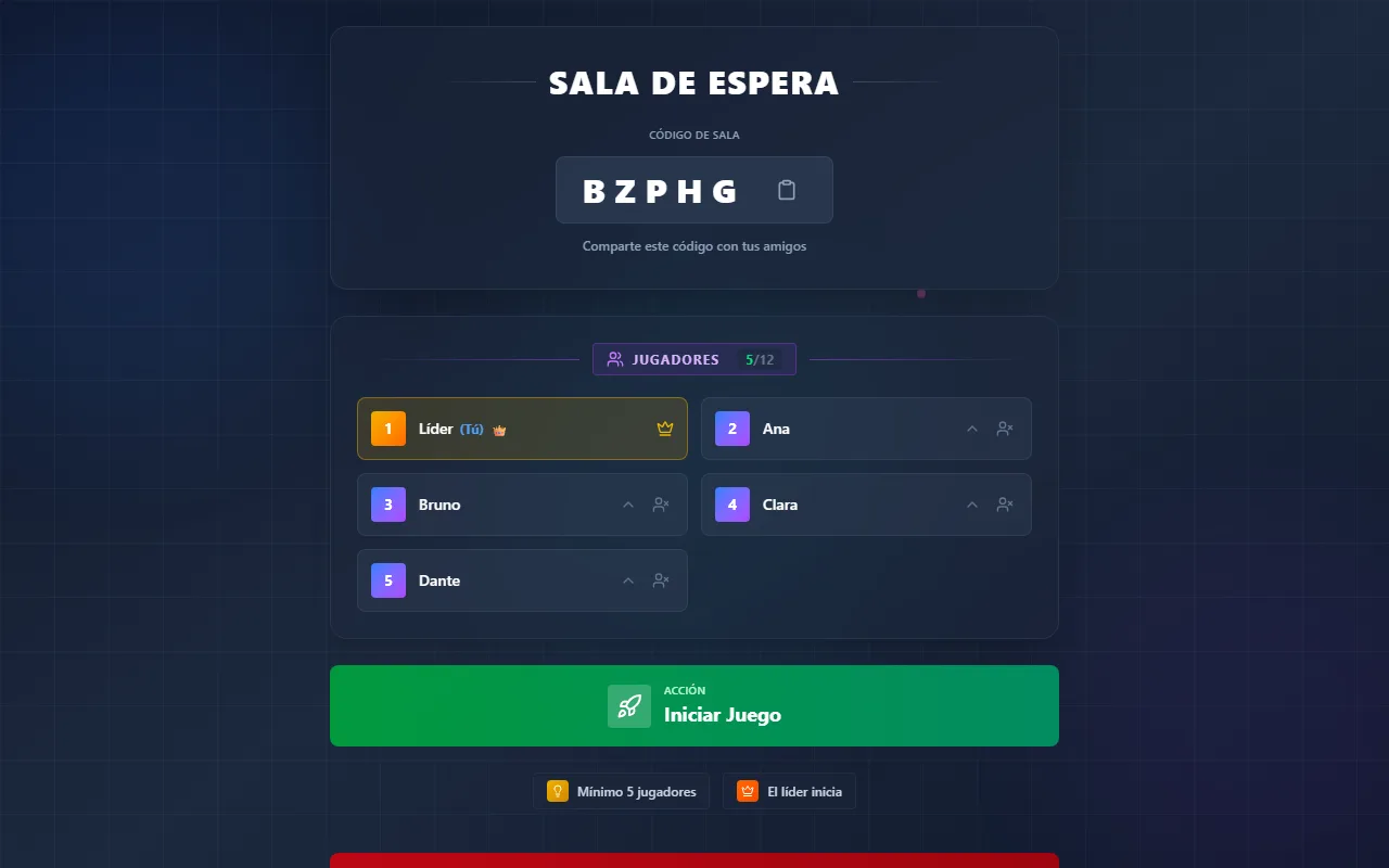 Lobby de The Resistance con código de sala y cinco jugadores